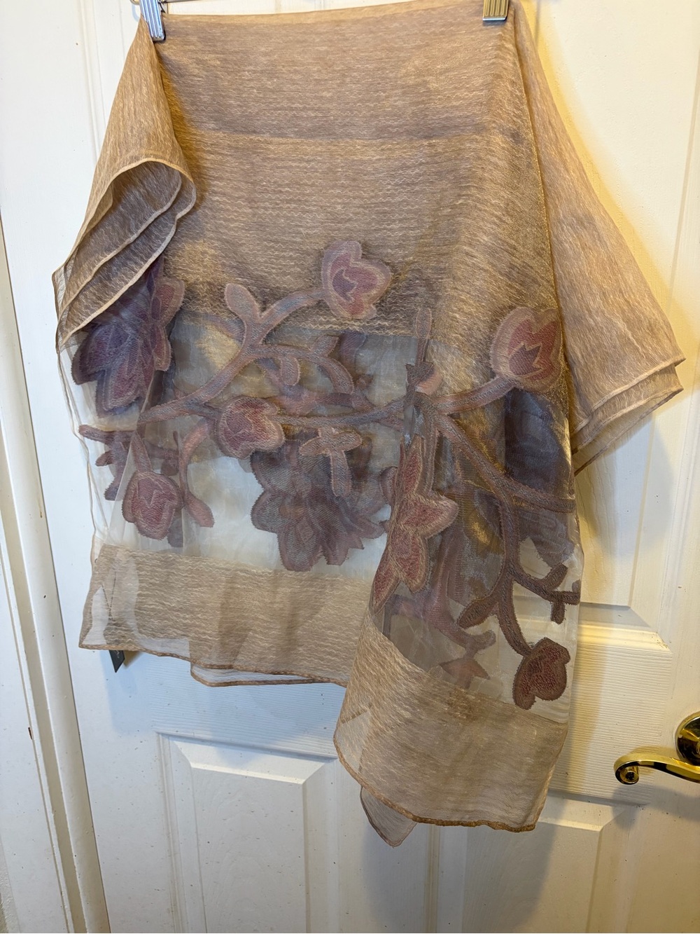 Pretty Persuasions Sheer Taupe Viscose Blend Scarf with Mauve Floral Appliqué